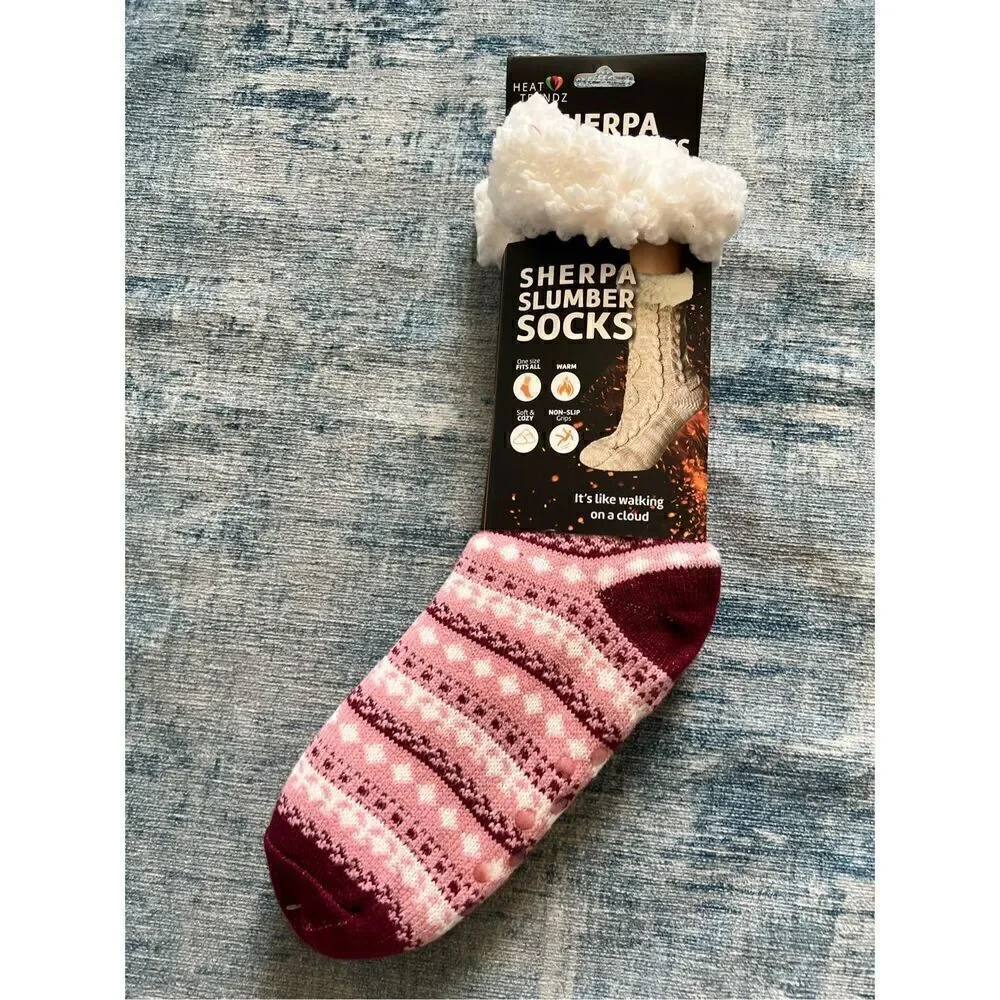 New! Heat Trendz Pink Red White Sherpa Slumber Slipper Socks One Size Fits All